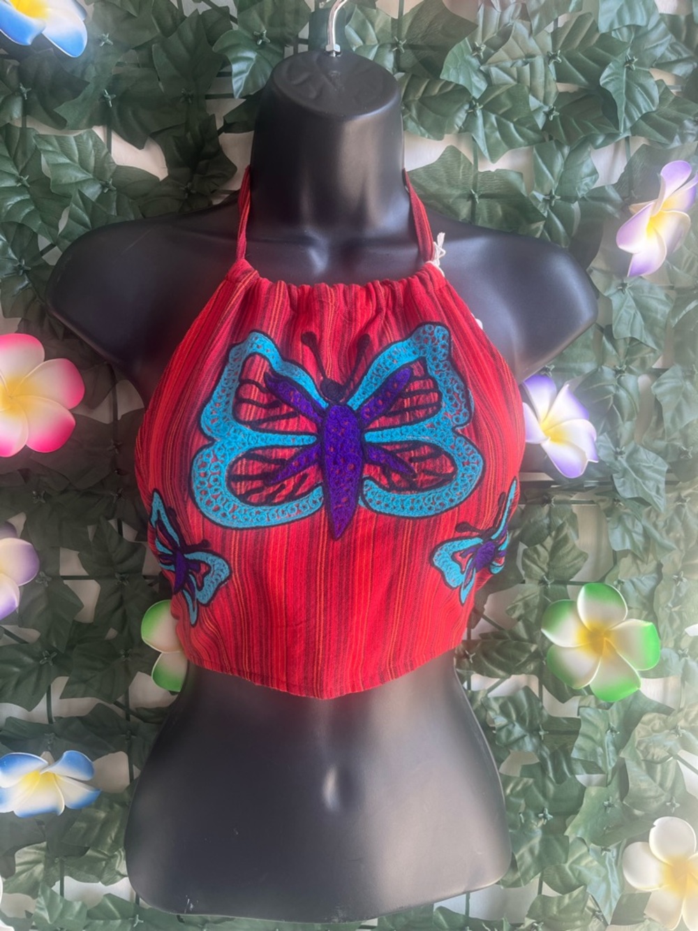 Vintage Red Halter Crop Top with Turquoise & Purple Butterfly